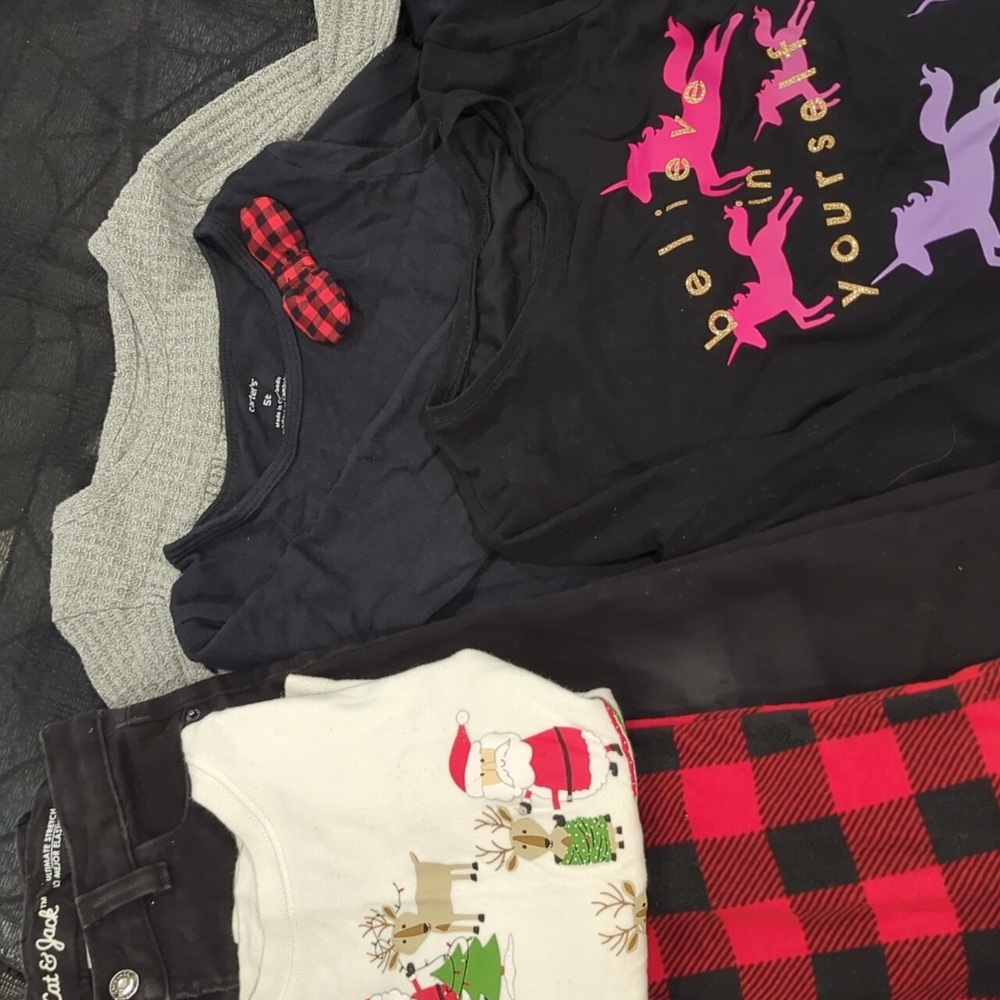 Girls size 5T shirts, jeggings, and Christmas pajamas